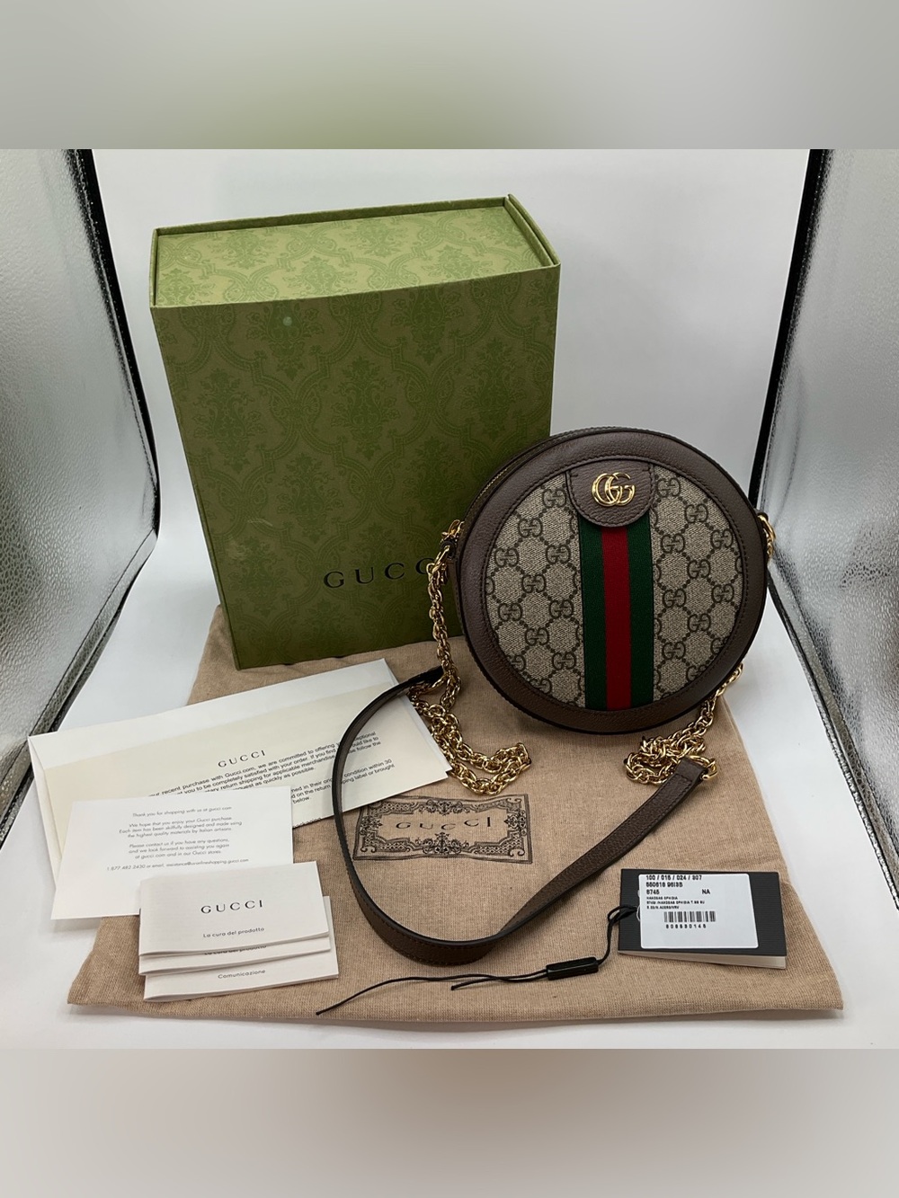 Gucci Ophidia Mini GG Round Shoulder Bag Supreme Monogram Canvas Web Stripe